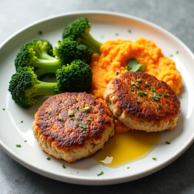 Seared Turkey Patties with Steamed Broccoli and Sweet Potato Mash
