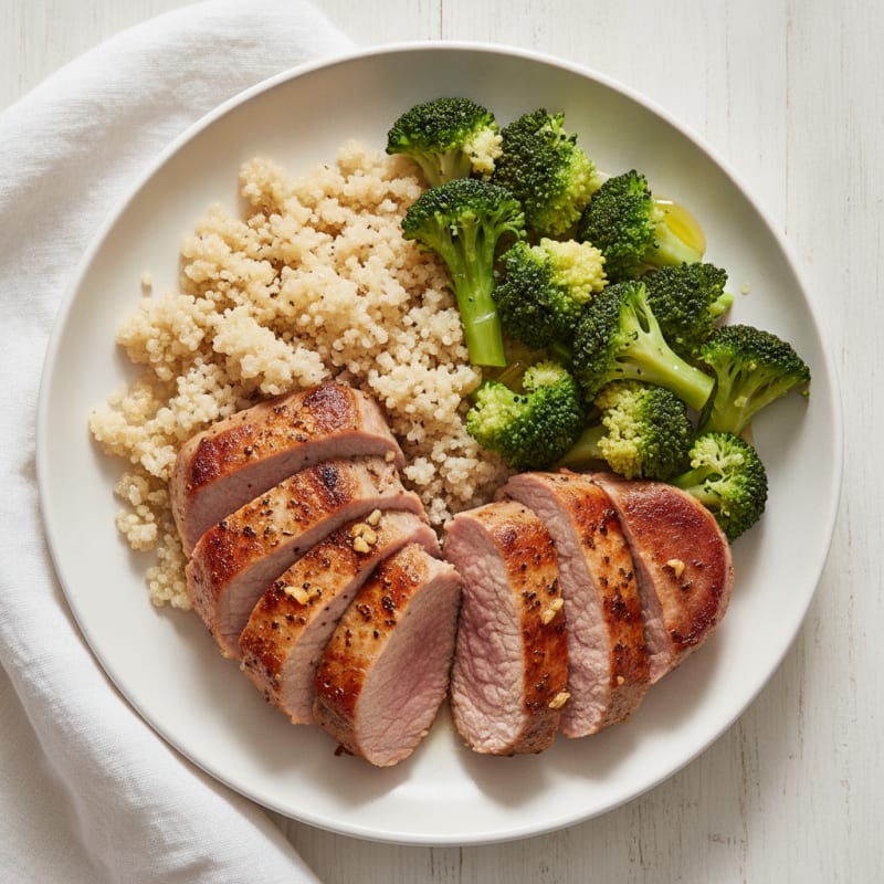 Seared Pork Tenderloin with Steamed Broccoli and Quinoa