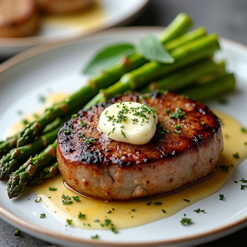 Pan-Seared Steak with Crispy Roasted Asparagus and Garlic Herb Butter
