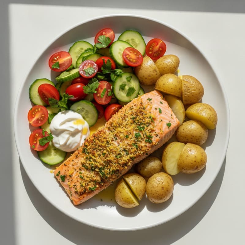Herb-Crusted Salmon with Steamed Potatoes and Fresh Tomato Salad