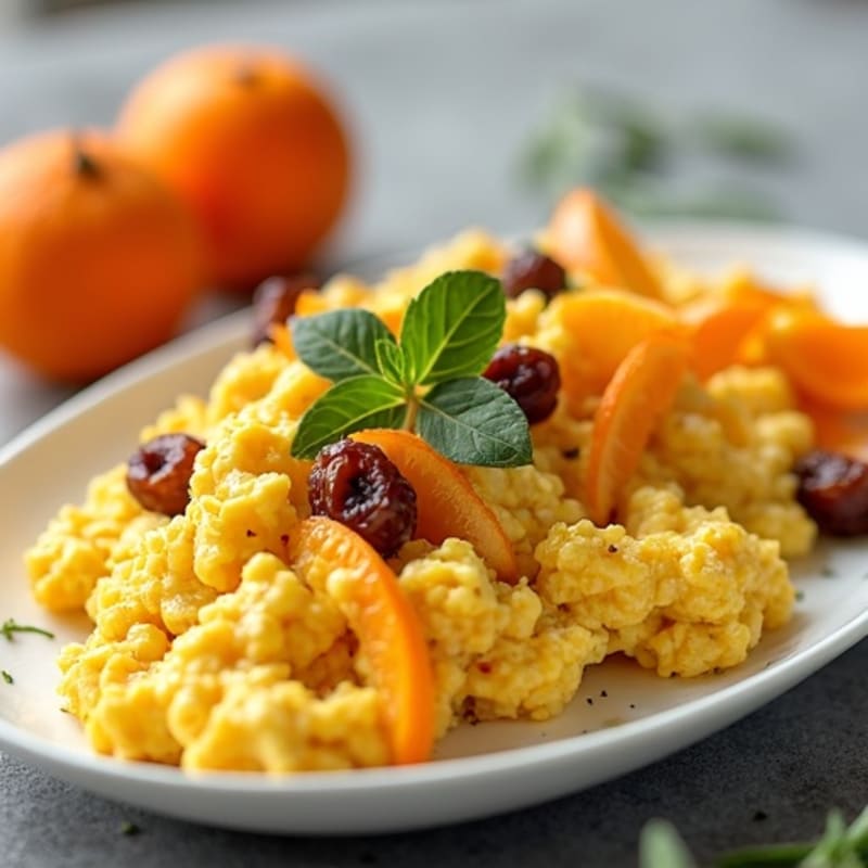 Fluffy Scrambled Eggs with Fresh Mandarin and Chewy Dates