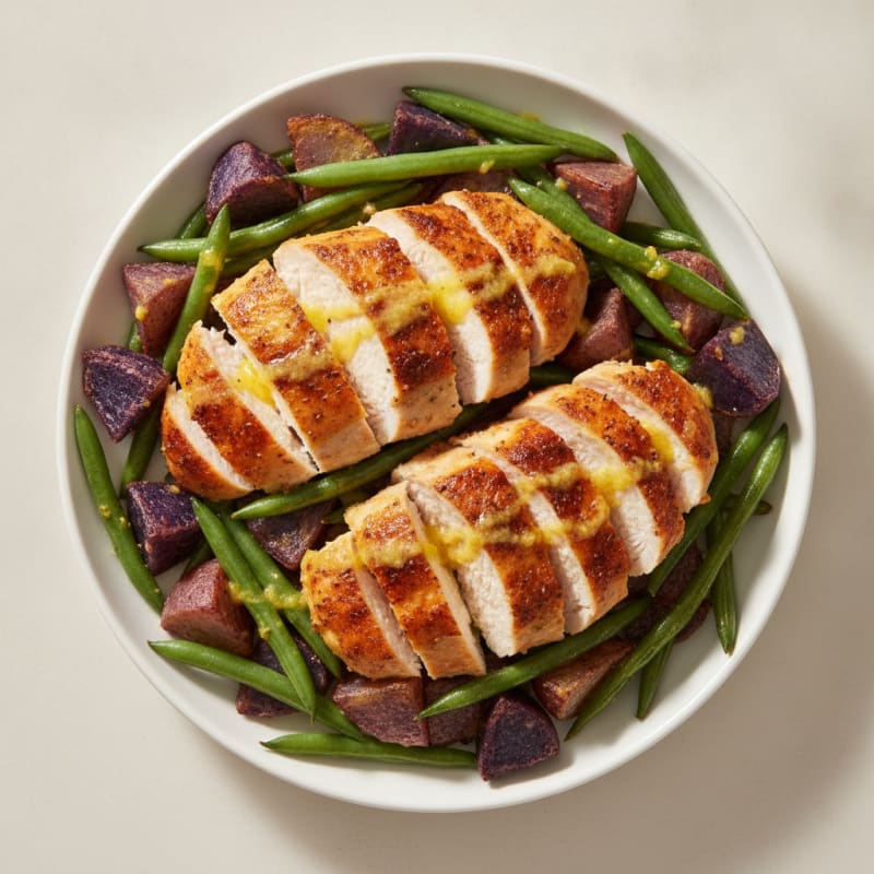 Herb-Roasted Chicken with Purple Potatoes and Green Beans