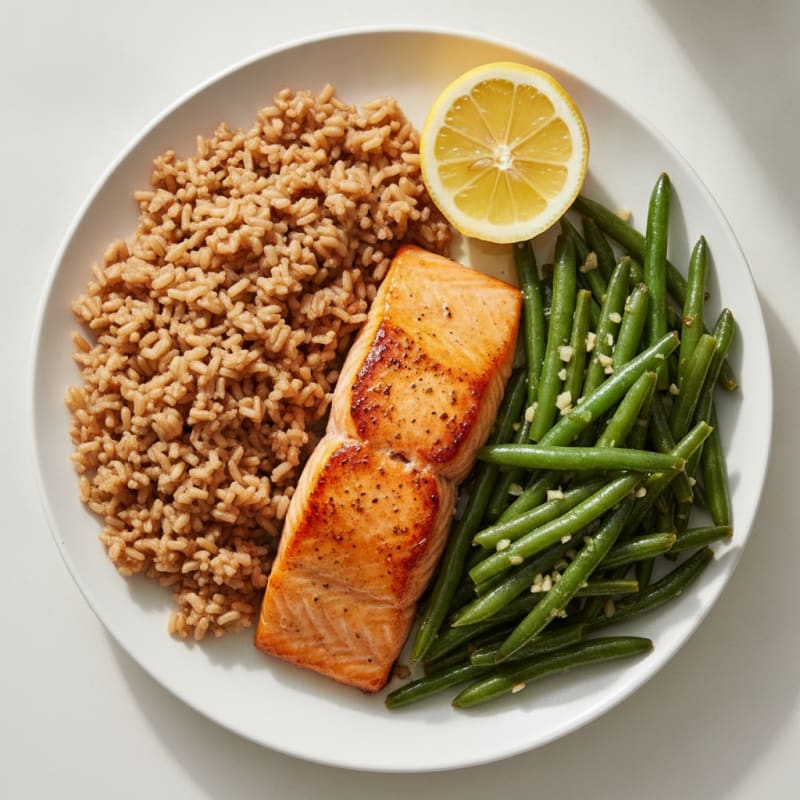 Seared Salmon with Garlic Green Beans and Brown Rice