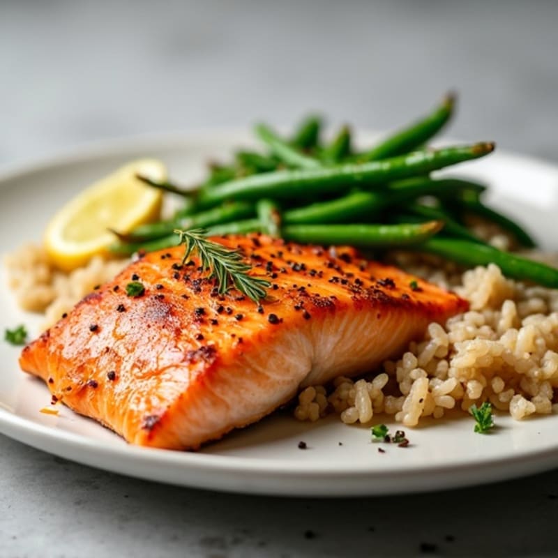 Seared Salmon with Garlic Green Beans and Brown Rice