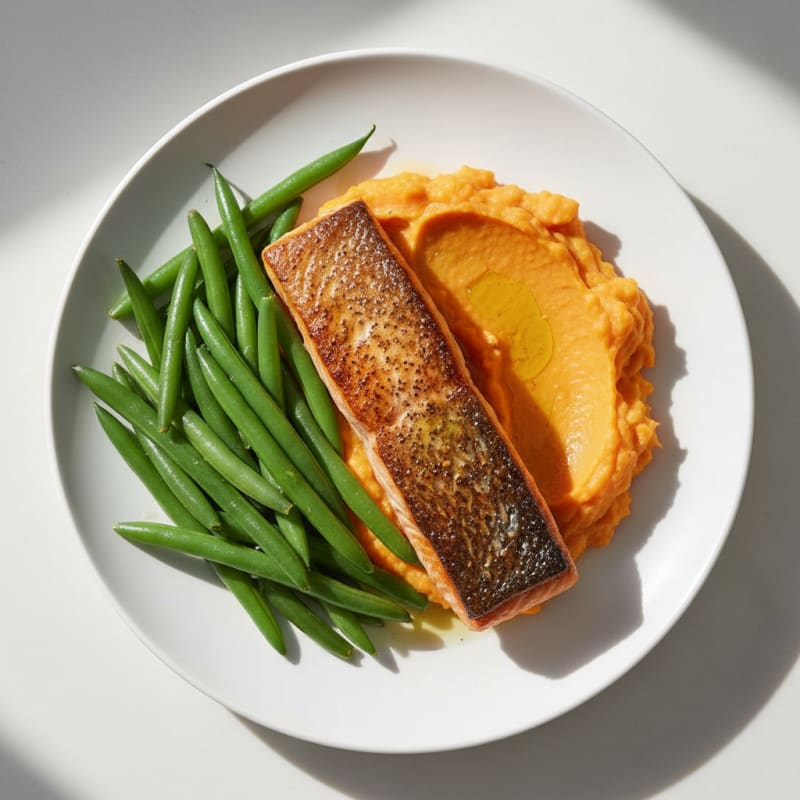 Seared Salmon with Steamed Green Beans and Sweet Potato Mash