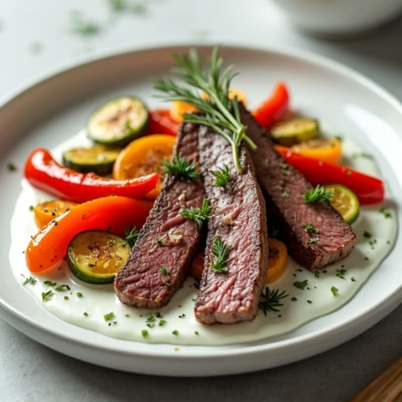 Seared Beef Strips with Roasted Vegetables and Herbed Yogurt Sauce