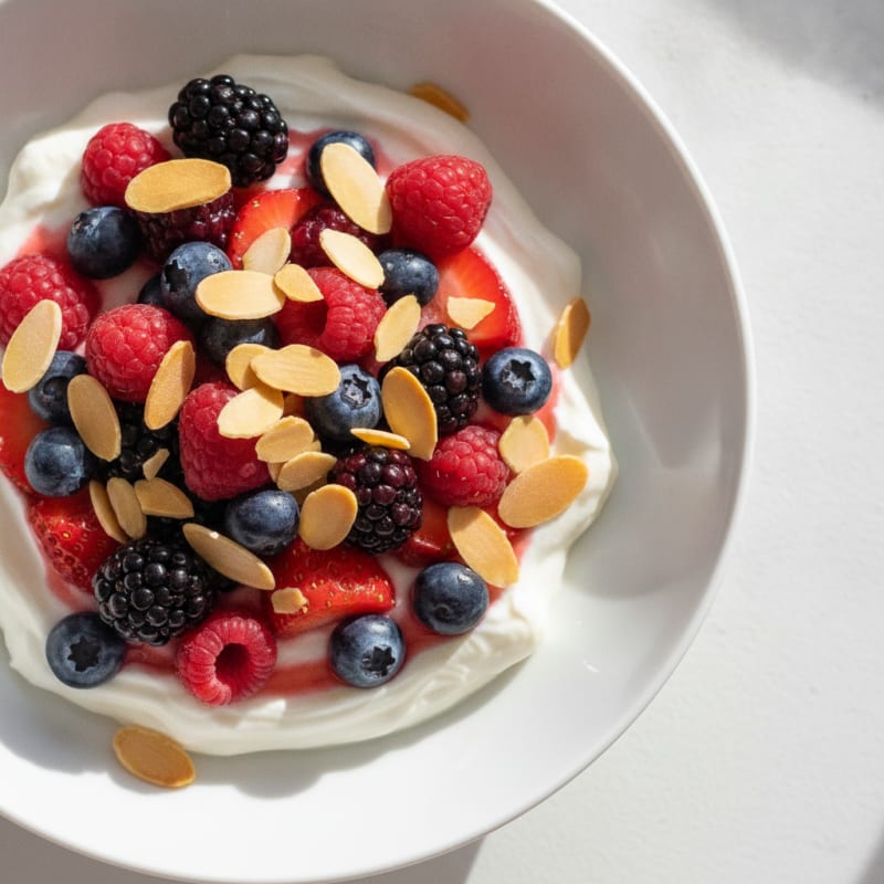 Vanilla Greek Yogurt Protein Parfait with Mixed Berries and Almonds
