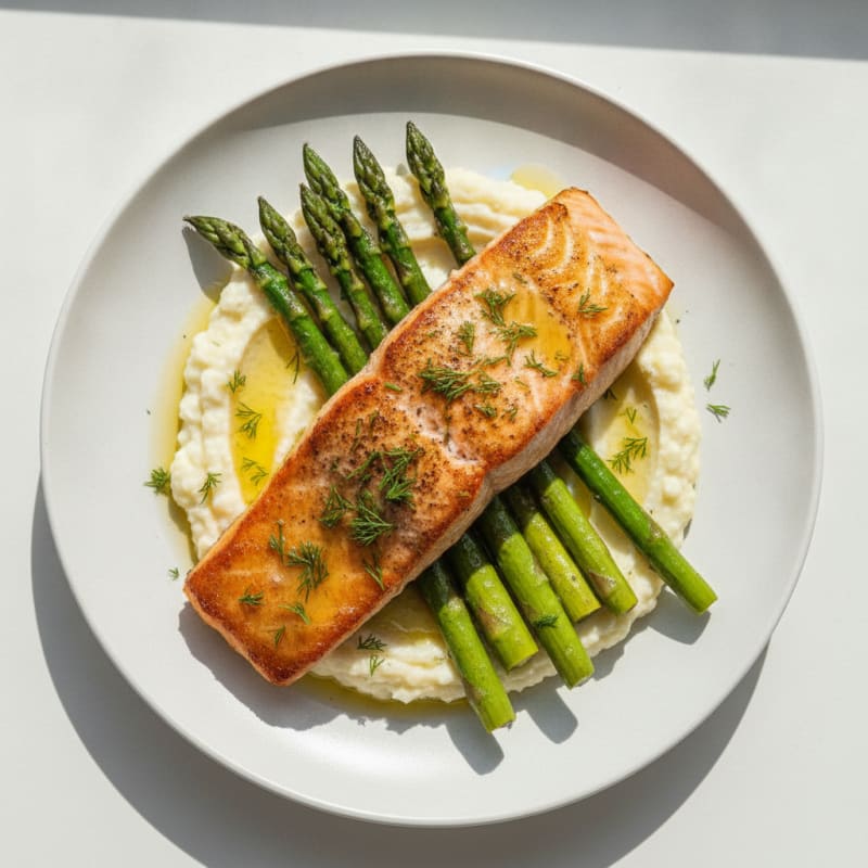 Seared Salmon with Asparagus and Cauliflower Mash