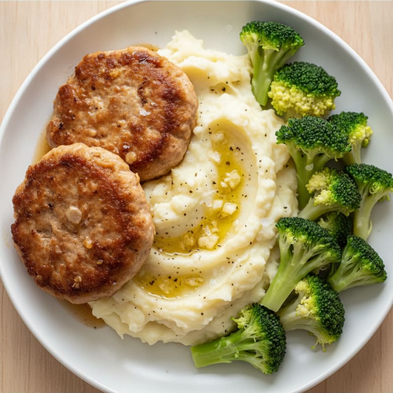Seared Turkey Patties with Steamed Broccoli and Garlic Mashed Potatoes