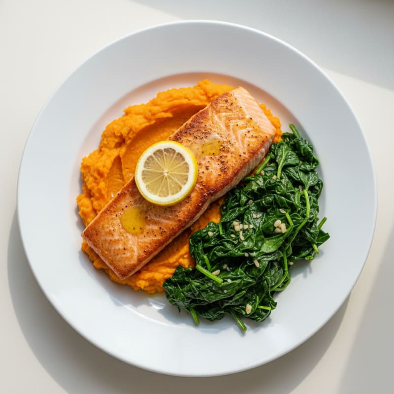 Seared Salmon with Garlic Spinach and Sweet Potato Mash