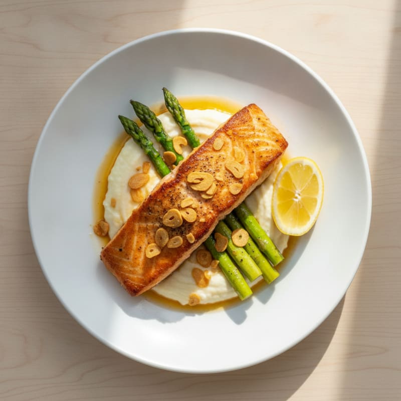 Seared Salmon Fillet with Roasted Asparagus and Cauliflower Mash