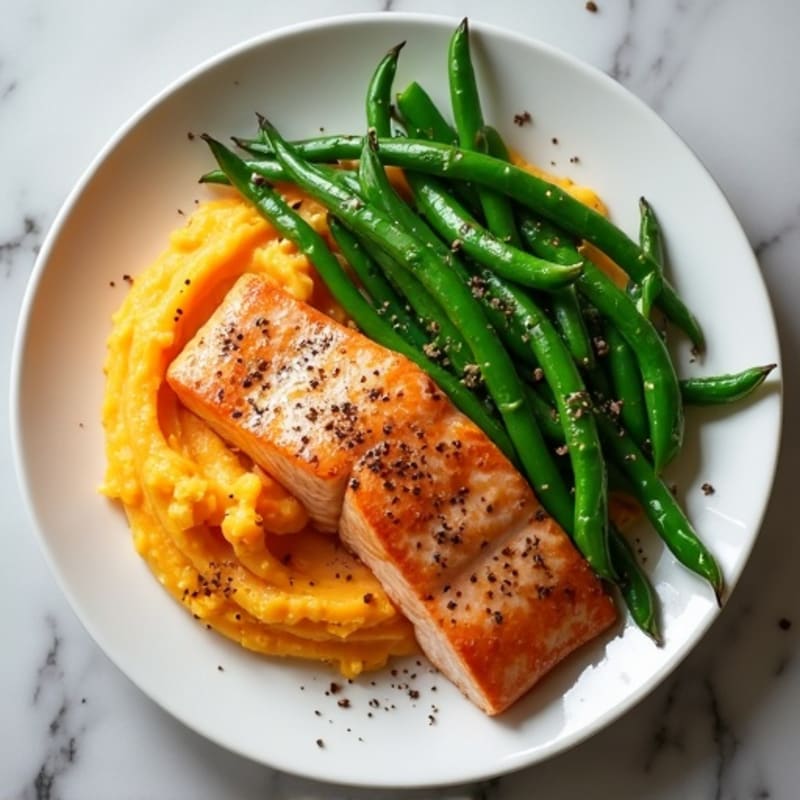Seared Salmon with Garlic Green Beans and Mashed Sweet Potato