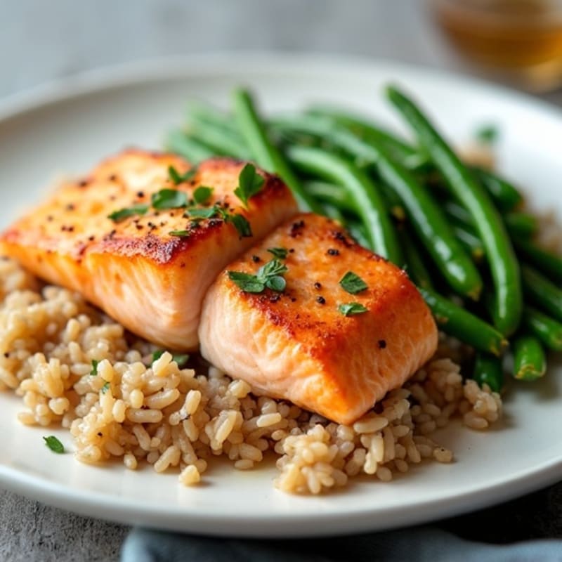 Seared Salmon with Steamed Green Beans and Brown Rice