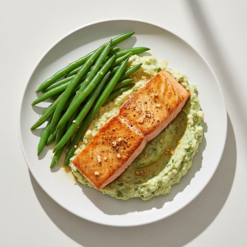 Seared Salmon with Steamed Green Beans and Herb Cauliflower Mash