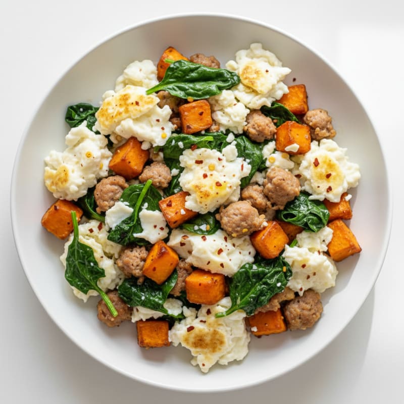 Egg White and Turkey Sausage Scramble with Spinach and Sweet Potato