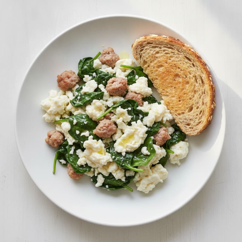 Egg White and Turkey Sausage Scramble with Sautéed Spinach