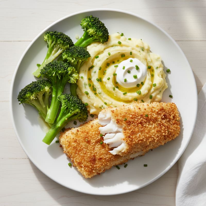 Oven-Baked Battered Fish with Herbed Potato Mash and Steamed Greens