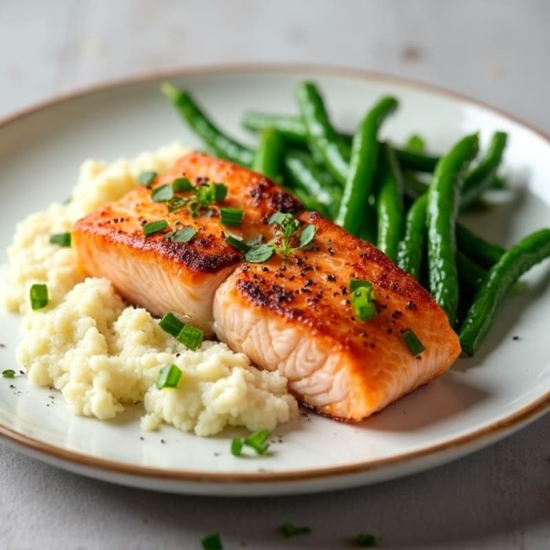 Seared Salmon with Steamed Green Beans and Garlic Mashed Cauliflower