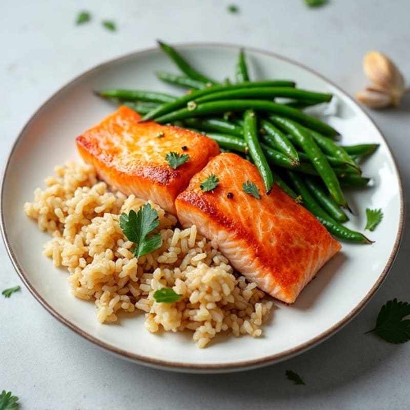 Seared Salmon with Garlic Green Beans and Brown Rice