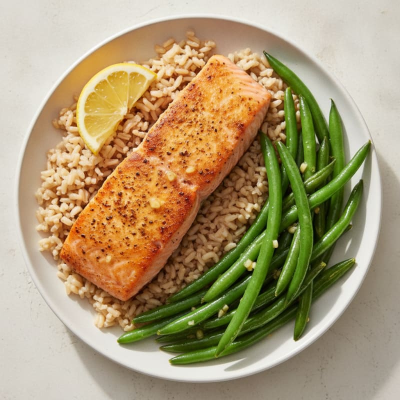 Seared Salmon with Steamed Green Beans and Brown Rice