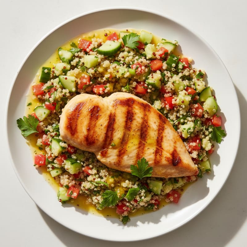 Grilled Chicken Breast with Crunchy Quinoa Salad and Lemon Herb Dressing