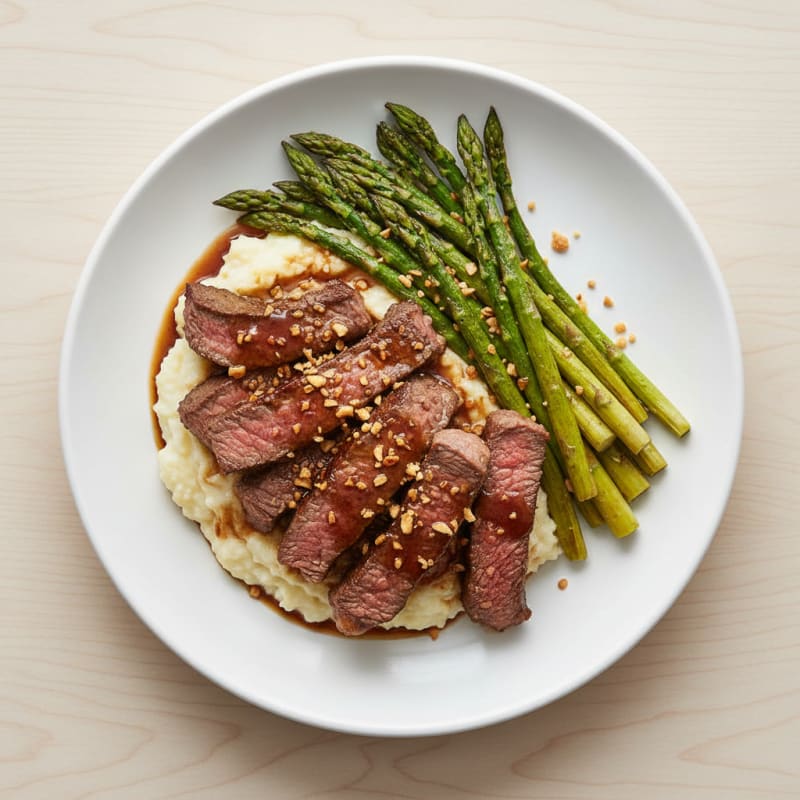 Seared Lean Beef Strips with Roasted Asparagus and Cauliflower Mash