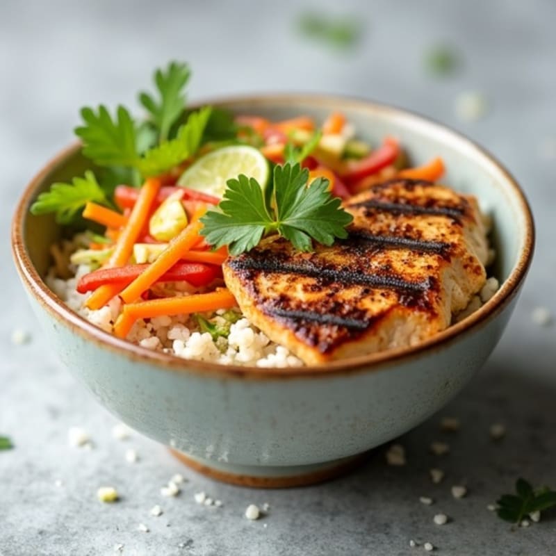 Grilled Chicken Rice Bowl with Crunchy Slaw and Lime