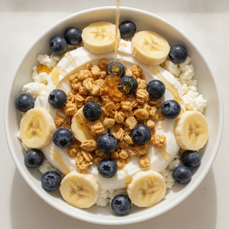 Greek Yogurt Parfait with Cottage Cheese, Berries, Granola, and Honey