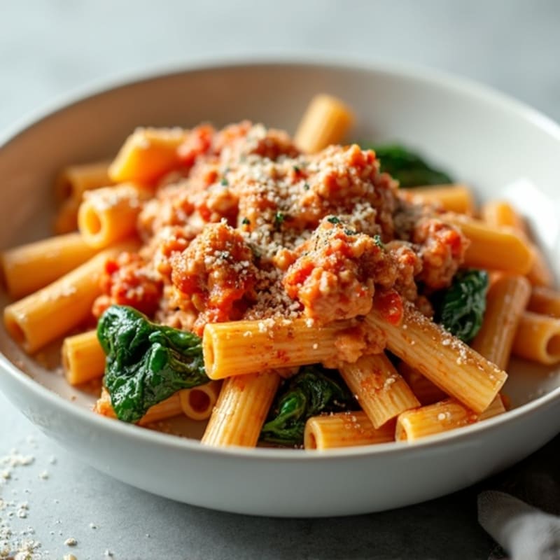 Creamy Lean Ground Turkey Baked Ziti with Spinach