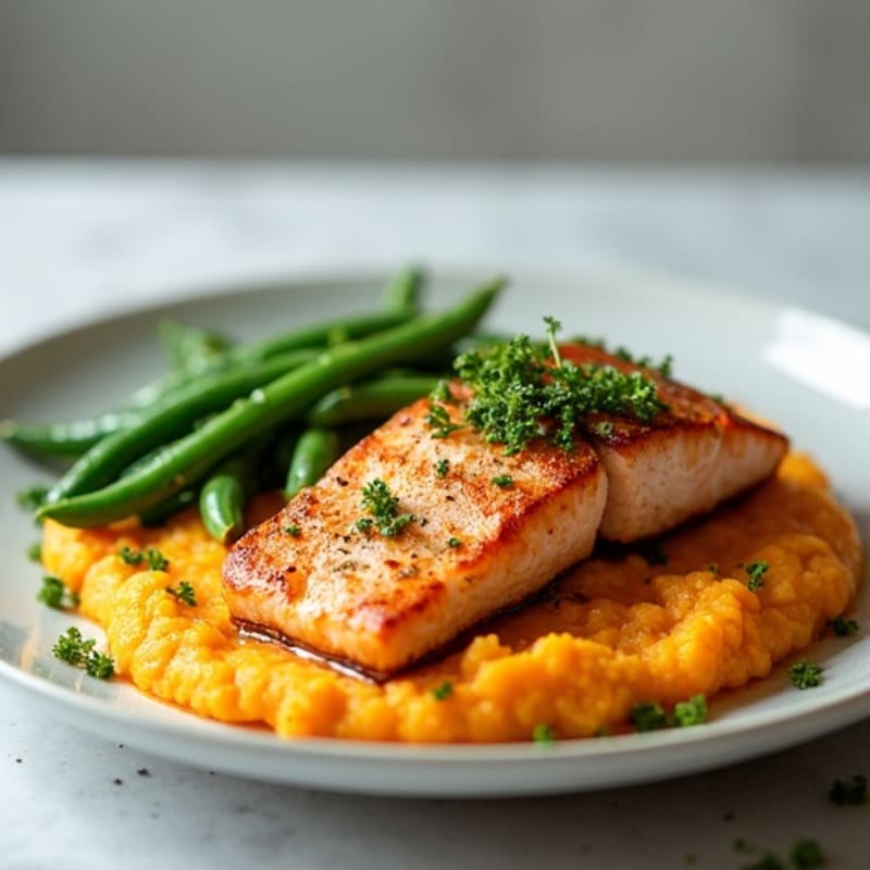 Seared Salmon with Garlic Green Beans and Sweet Potato Mash