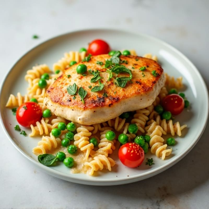 Lemon-Garlic Pan-Seared Chicken with Whole Wheat Pasta, Sweet Peas, and Burst Cherry Tomatoes