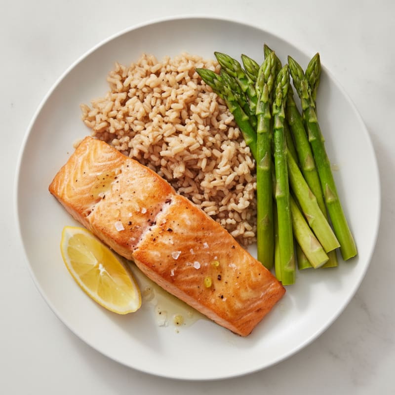 Seared Salmon Fillet with Steamed Asparagus and Brown Rice