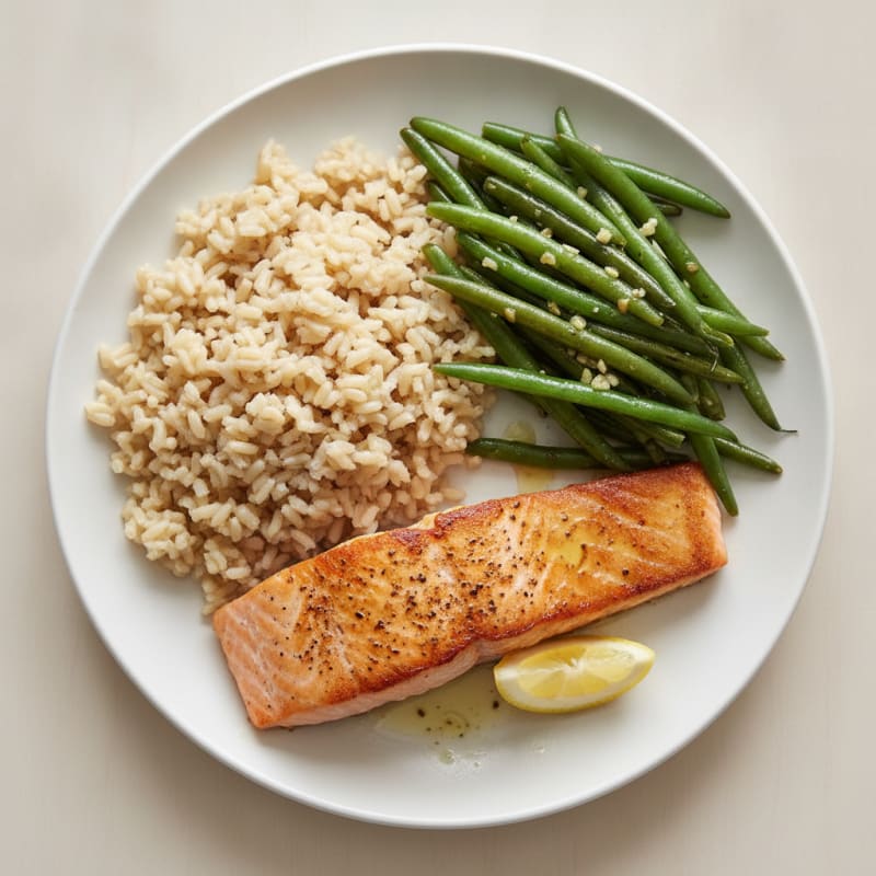 Seared Salmon with Garlic Green Beans and Brown Rice