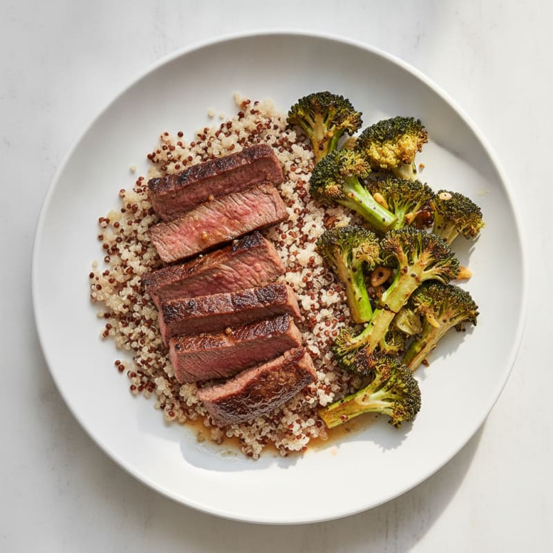 Seared Beef Strips with Roasted Broccoli and Quinoa