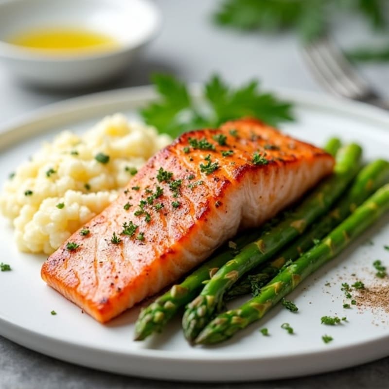 Seared Salmon with Steamed Asparagus and Cauliflower Mash