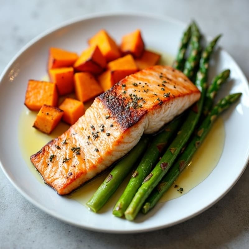 Seared Salmon Filet with Roasted Sweet Potato and Asparagus