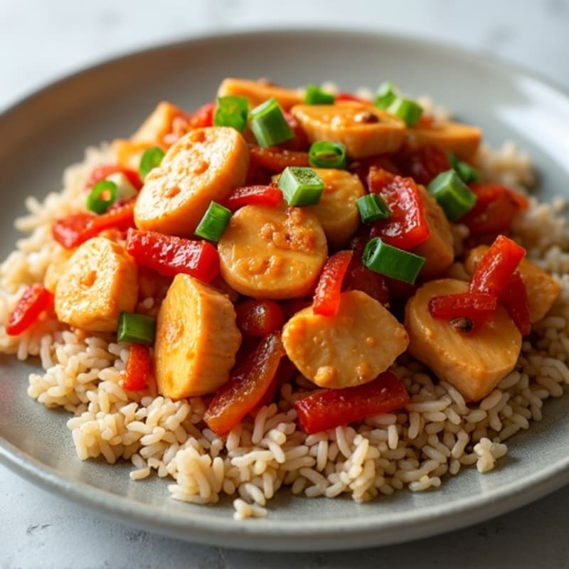 Spicy Kimchi Chicken Stir-Fry with Brown Rice