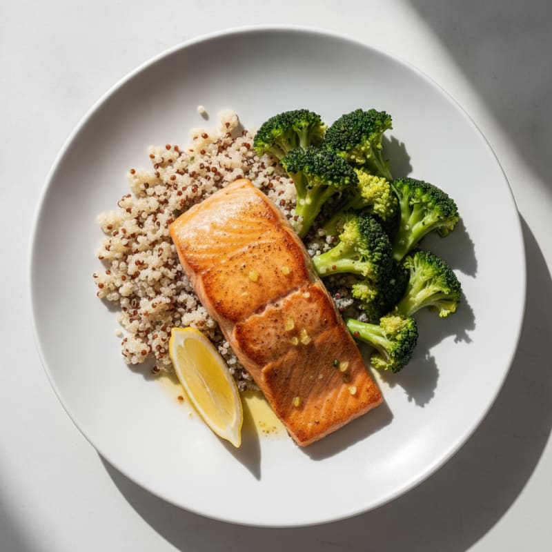Seared Salmon Fillet with Steamed Broccoli and Quinoa