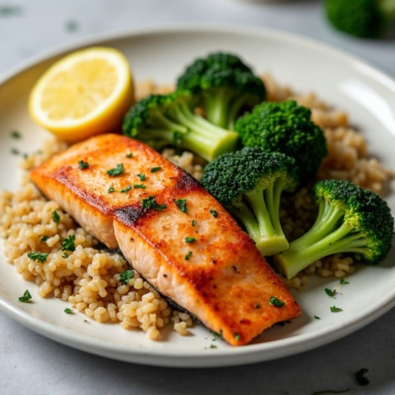 Seared Salmon Fillet with Garlic Broccoli and Brown Rice Pilaf