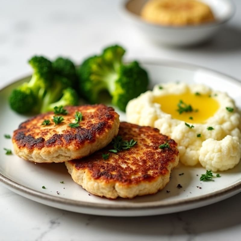 Seared Turkey Patties with Roasted Broccoli and Garlic Mashed Cauliflower