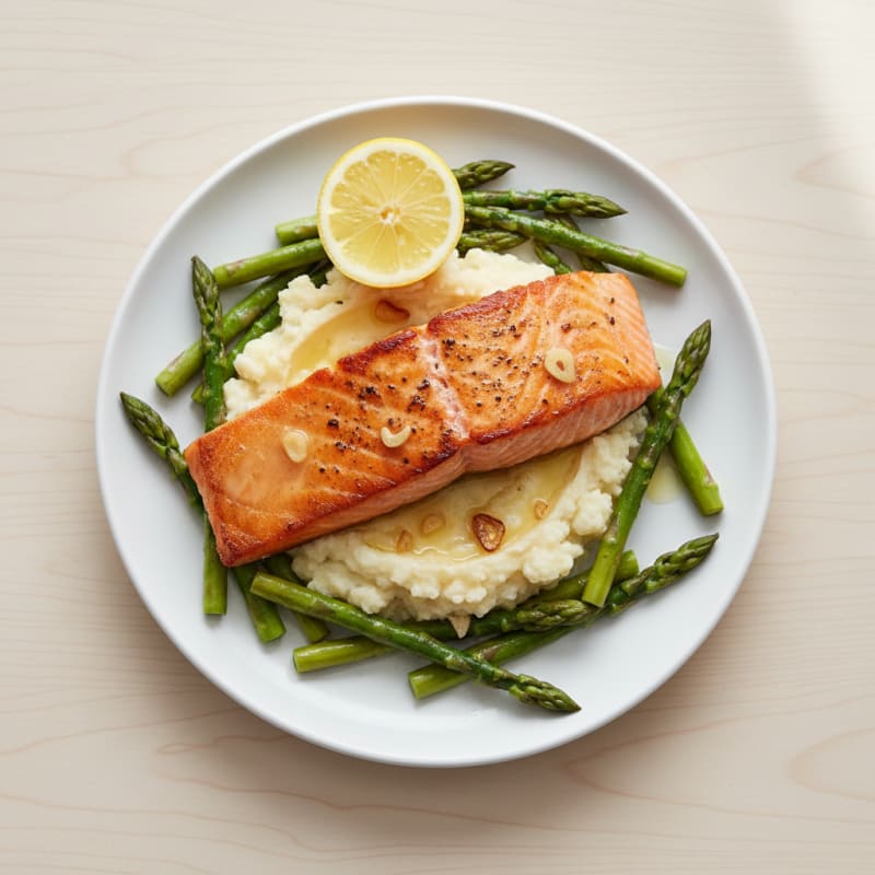 Seared Salmon with Steamed Asparagus and Cauliflower Mash