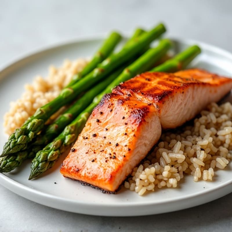 Seared Salmon with Steamed Asparagus and Brown Rice