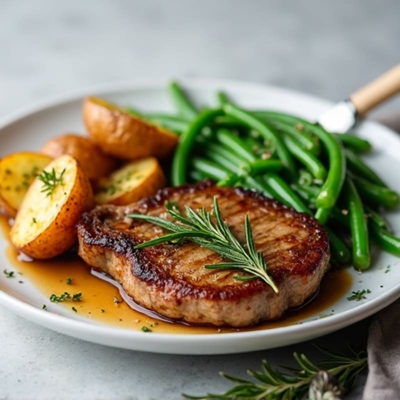Garlic Herb Pan-Seared Steak with Roasted Potatoes and Green Beans
