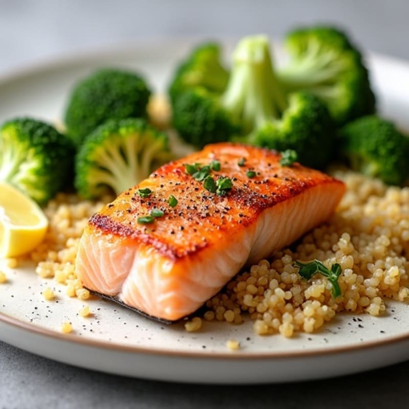 Seared Salmon with Steamed Broccoli and Quinoa