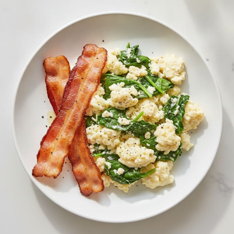 Egg White Spinach Scramble with Grilled Turkey Bacon