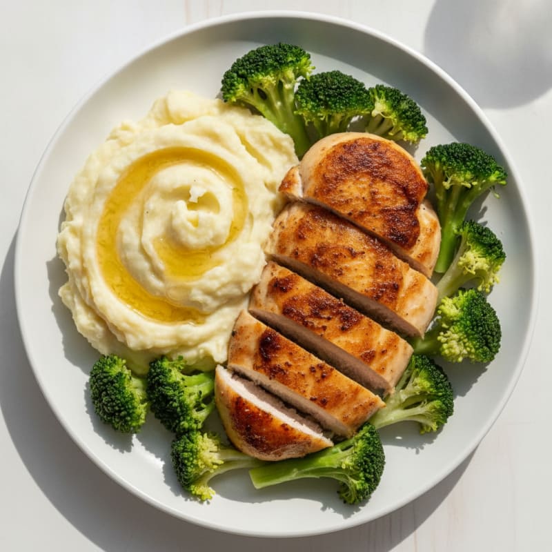 Seared Chicken Breast with Creamy Garlic Mashed Potatoes and Steamed Broccoli
