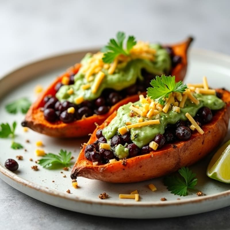 Crispy Roasted Sweet Potato Boats with Creamy Black Bean Filling