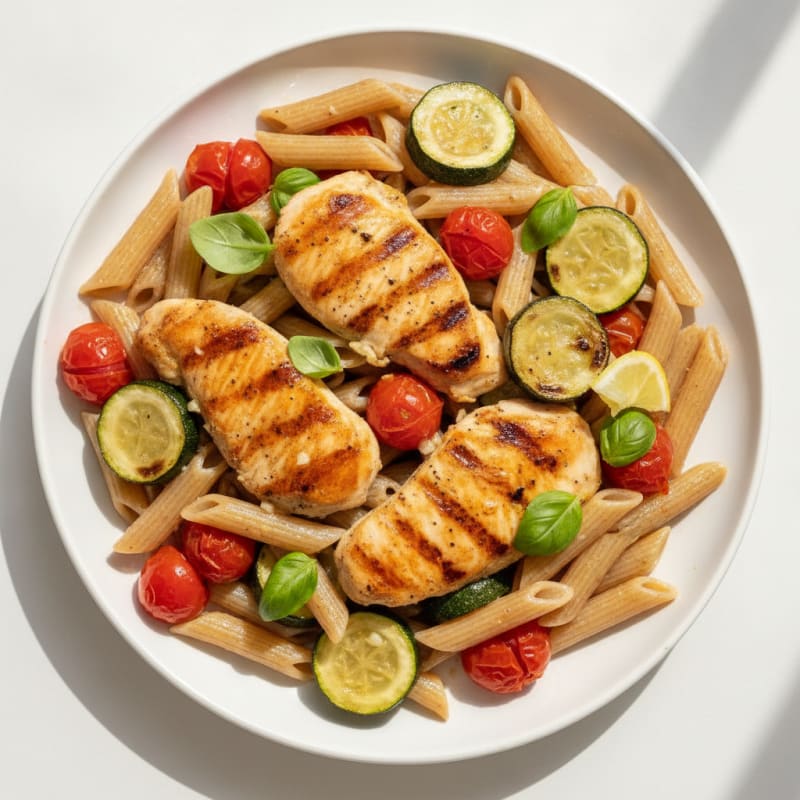 Grilled Chicken Pasta with Cherry Tomatoes and Zucchini