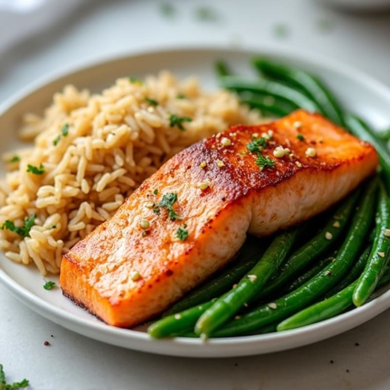 Seared Salmon with Garlic Green Beans and Brown Rice