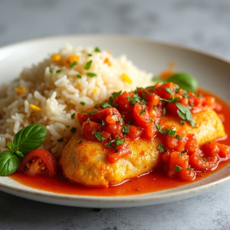 Golden Tomato Chicken with Fluffy Basmati Rice